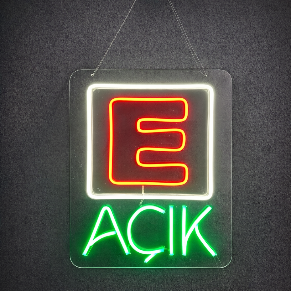 E Açık Neon LED Tabela – İşletme Vitrin Işıklı Tabela