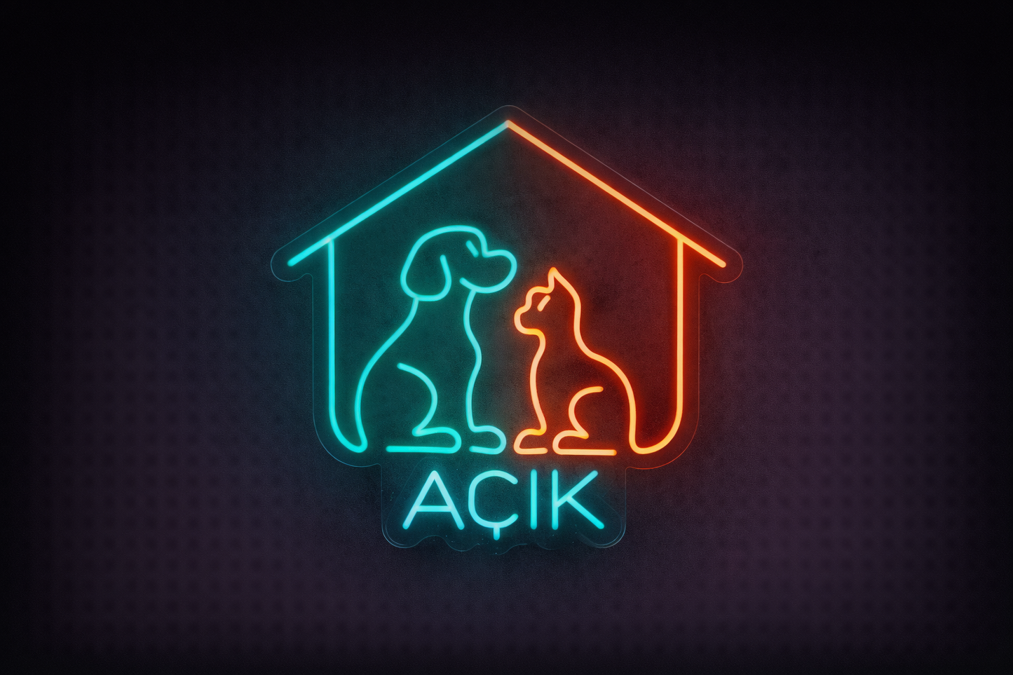 Petshop Açık Neon LED Tabela – Köpek & Kedi Figürlü İşletme Tabelası